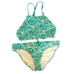 Aerie High Neck Two Piece Bikini Swimsuit Daisy Floral Teal Size L top XL bottom